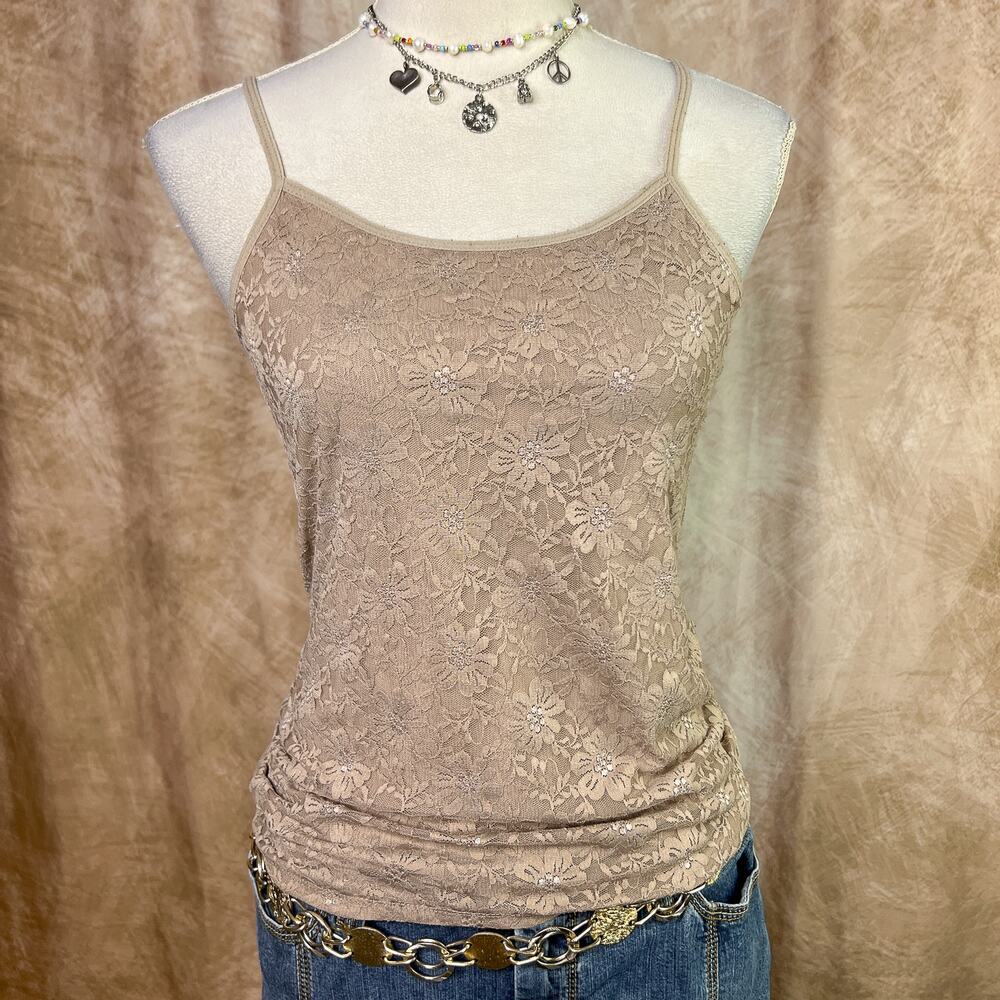 Y2K Floral Mesh Cami Tank Top Tan Sleeveless Layered Round Neck Boho Fairy